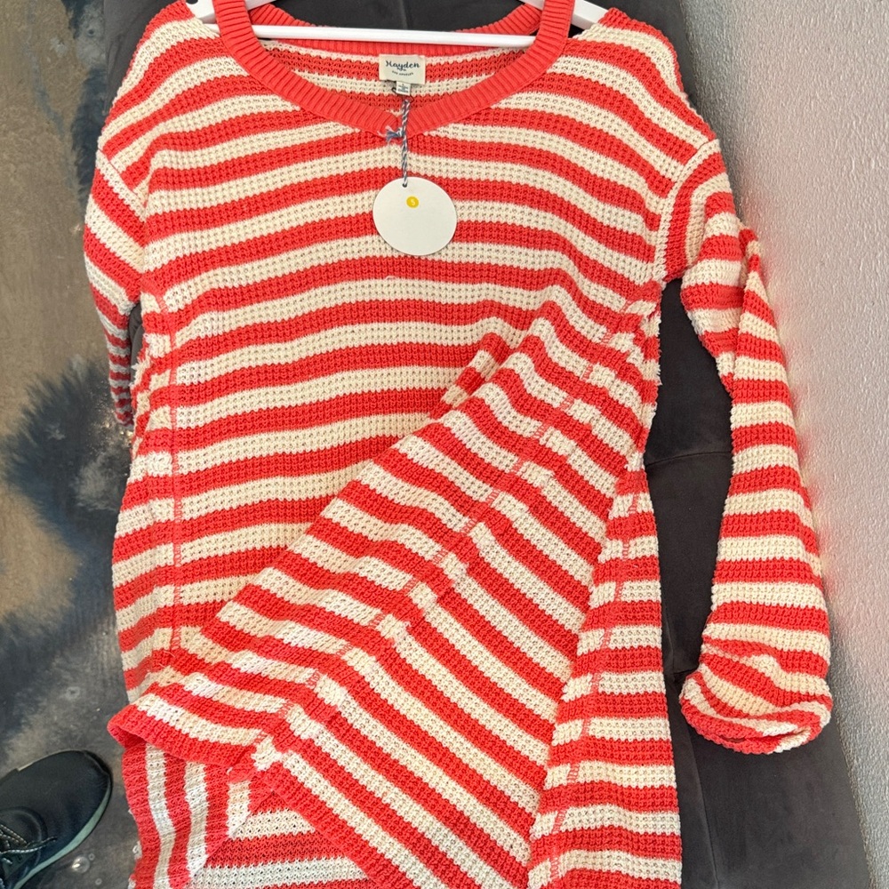Hayden Women's Striped Crew Neck Sweater - Coral and Cream - Picture 3 of 3